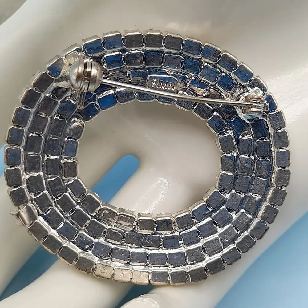 Vintage RMN Clear Rhinestone Oval Brooch, 1 7/8 Inches